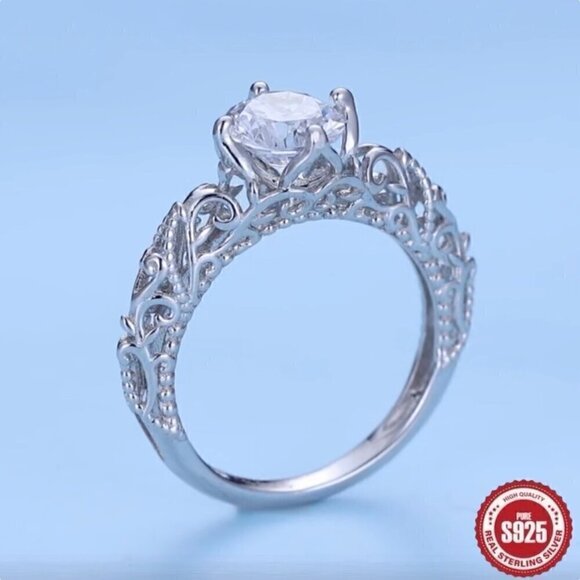 NEW Engagement Ring SZ. 7 S925 Sterling Silver Filigree Romantic Feminine - Picture 2 of 12